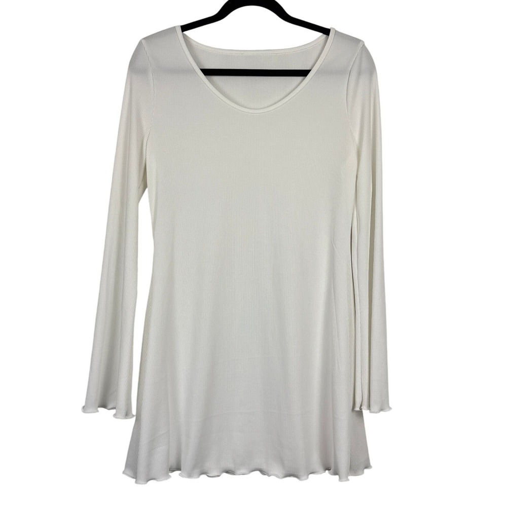 White Ribbed Mini‎ Dress Long Sleeve Scoop Neck Casual Womens XL